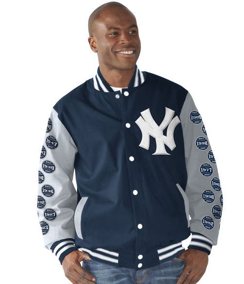 NEW YORK YANKEES G-III SPOSTS BY CARL BANKS NAVY POWER HITTER COMMEMORATIVE  VARSITY JACKET